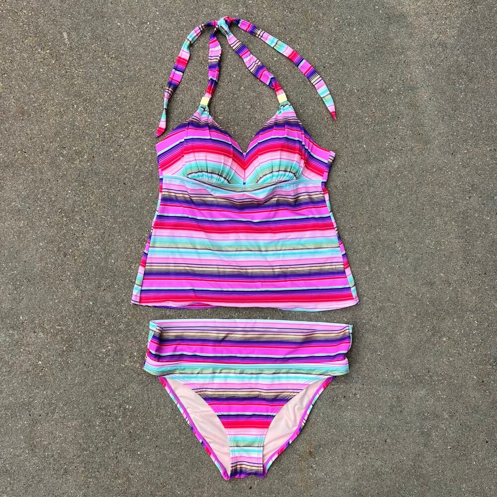 Victoria's Secret High Rise Foldover Bikini Tankini Purple Fuchsia Blue Stripe L